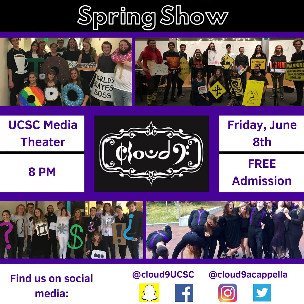 Need a study break from finals? Or maybe just in the mood for some tunes and wild costumes? You should check out our last show of the year this Friday! #freesinging #springshow #cloudsincostumes