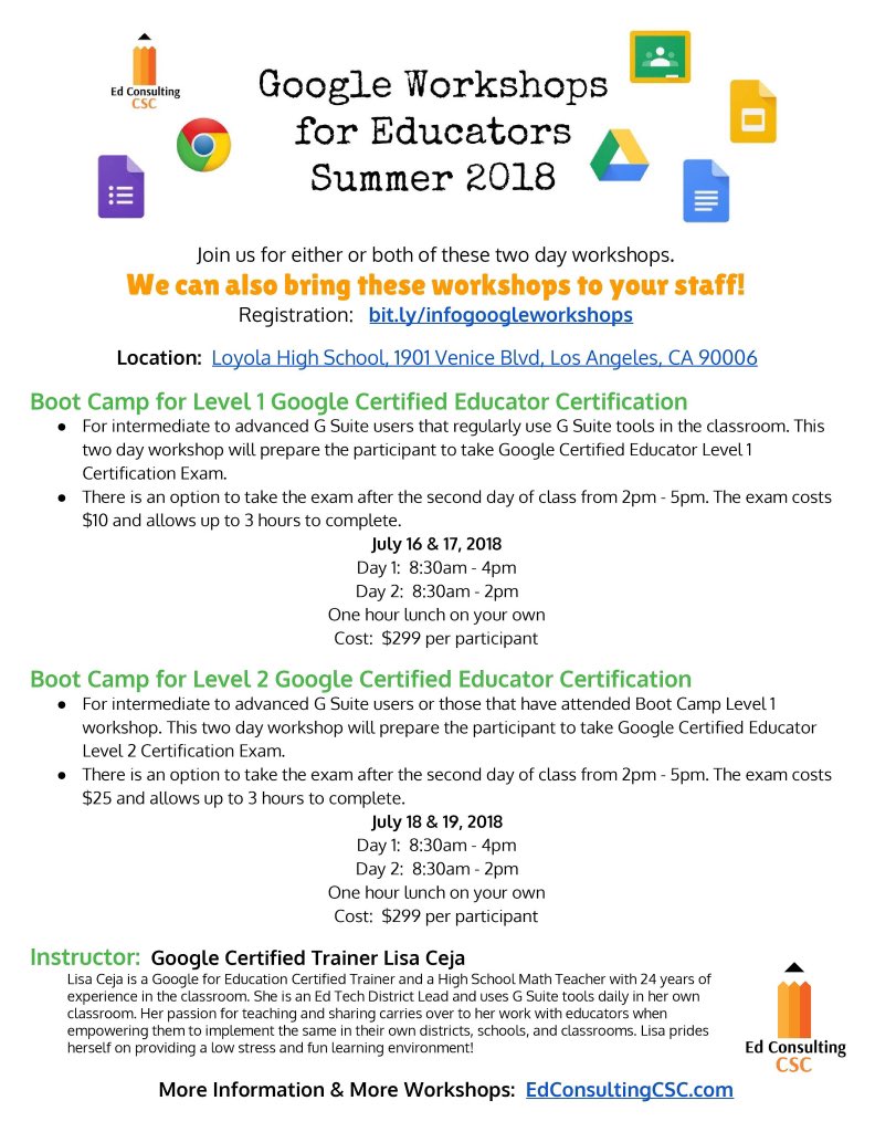 EdConsultingCSC's tweet photo. 🌴☀️😎 There’s still time to register! 👩🏽‍💻 Google Certified Educator Boot Camps 👨🏻‍💻
https://t.co/9jm7L256Hp
#GSuiteEDU #edtech #googlecertifiededucator #GoogleEdu https://t.co/cUaZsMla7G