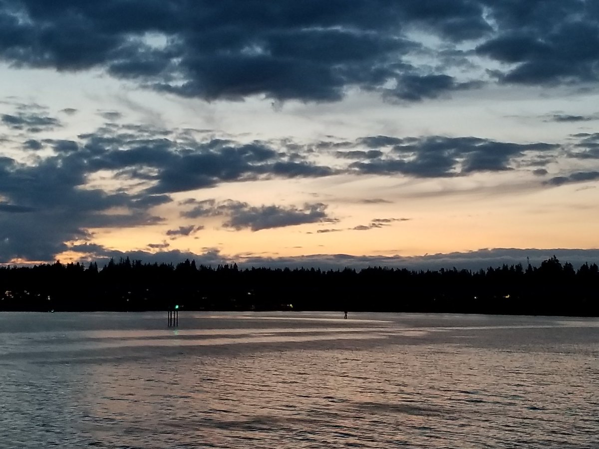 PastorJimLyon's tweet photo. From deck of Washington State Ferry Wenatchee, approaching Winslow on Bainbridge Island at twilight. The fresh scent of salt air and evergreen, matched by the evening sky and shore always moves me, deeply. #SeattleRules https://t.co/HgDE6xF5ND