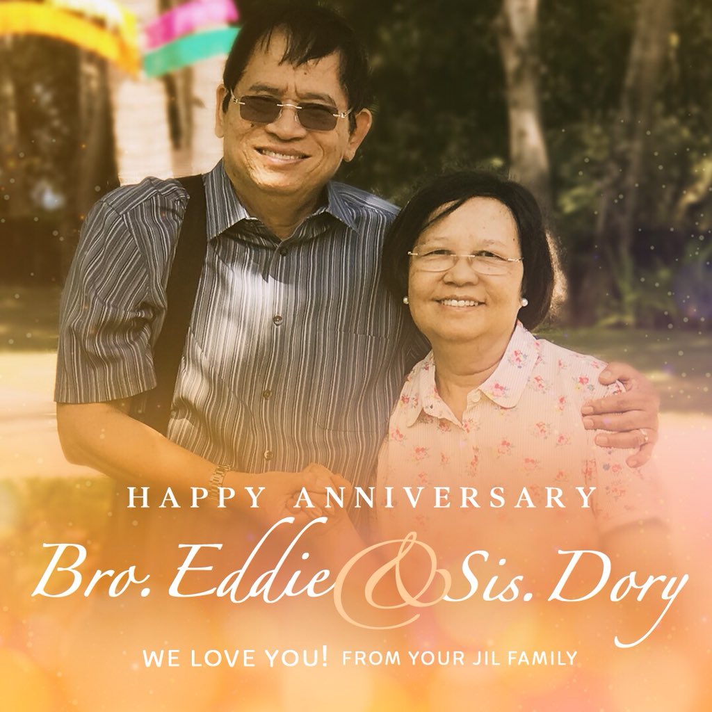 JILWorldwide's tweet photo. Sending our greetings and prayers to the couple who has been mirroring to us the meaning of true love: @Bro_Eddie and Sis. Dory.

May your next years together be filled with more love and joy po!

- Your JIL Church Worldwide family

#BroEddie #SisDory #HappyWeddingAnniversary https://t.co/pPOb1MAz4Z