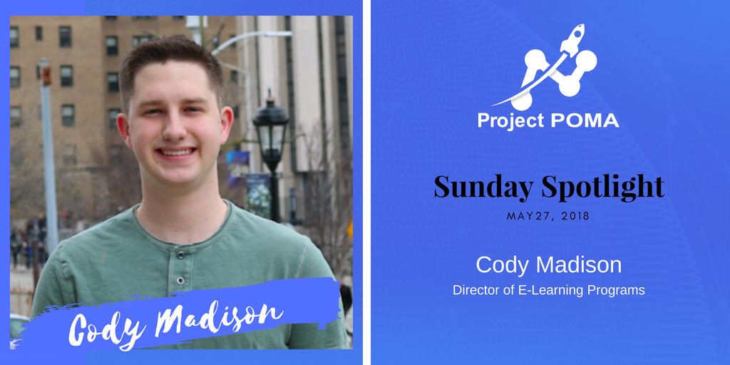 Project POMA (@projectpoma) on Twitter photo This week our Sunday Spotlight is <a href="/CodyMadison6/">Cody Madison</a> the Director of E-Learning Programs. He brings experience from academia and adds tremendous value to the team! Stop by our telegram and say hello to Cody! t.me/POMACommunity This week our Sunday Spotlight is <a href="/CodyMadison6/">Cody Madison</a> the Director of E-Learning Programs. He brings experience from academia and adds tremendous value to the team! Stop by our telegram and say hello to Cody! t.me/POMACommunity