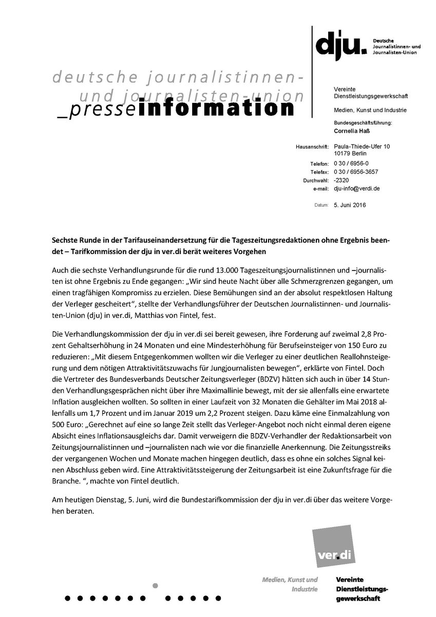 6. Runde in der Tarifauseinandersetzung #TVTZ18 für die Tageszeitungsredaktionen ohne Ergebnis beendet. 
Einigungsbemühungen sind an der absolut respektlosen Haltung
der Verleger <a href="/BdzvPresse/">BDZV</a> gescheitert.

Tarifkommission der <a href="/djuverdi/">dju in ver.di</a> berät am 5.6. weiteres Vorgehen.