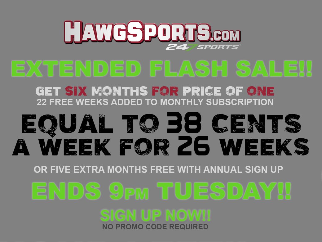 Thanks everyone who has signed up for the 'Get 6 months for price of 1 Flash Sale!' 247 HQ called & said they are blown away w/the response & want to keep it going 24 hrs -now ends Tuesday at 9 pm (CDT)! If you tried to get in after 8, you are good to go! 247sports.com/college/arkans…