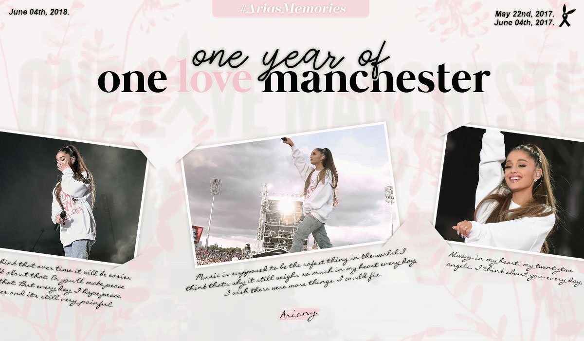 ㅤ          🖤┊𝗢𝗻𝗲 𝗟𝗼𝘃𝗲 𝗠𝗮𝗻𝗰𝗵𝗲𝘀𝘁𝗲𝗿.
ㅤ          ㅤ     #AriasMemories.
ㅤ          ㅤ     June 04.

Hace exactamente un año, junto a varios artistas, rendimos homenaje a los 22 ángeles que apagaron sus sonrisas, pero que encendieron más estrellas en el cielo.