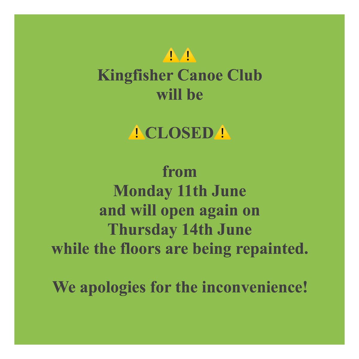 The Clubhouse will regretfully be closed for a few days while the floors are being painted and dried. Looking forward to seeing you at the Dice on Thursday when the job will be completed!