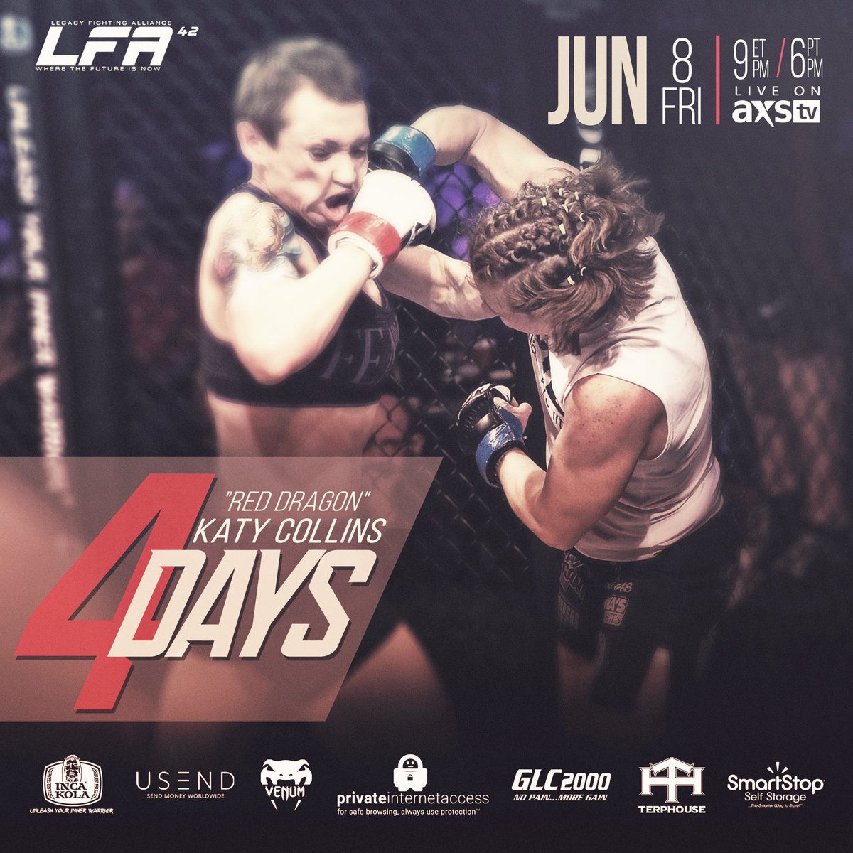 LFAfighting's tweet image. In 4 Days, the RED DRAGON @KateCollins24 returns looking to set the @LFAfighting Octagon ablaze at #LFA42! 🔥🐲🔥

🎟 TICKETS: bit.ly/LFA42

#MMA
#LFANation
@BransonCC