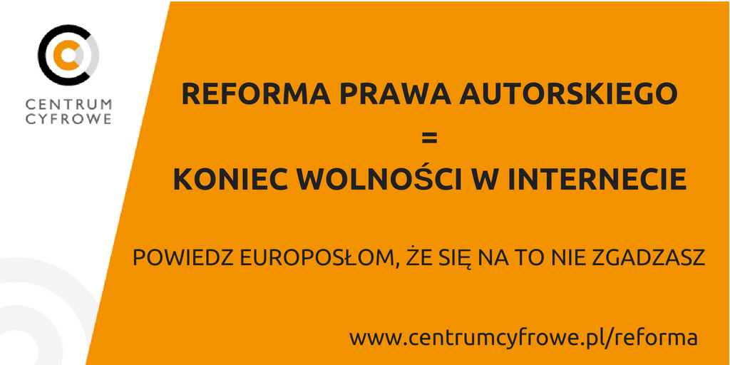 centrumcyfrowe's tweet photo. Reforma #prawoautorskie może zmusić wszystkie platformy do korzystania z automatycznych filtrów treści - nie będzie już miejsc w internecie, gdzie użytkownicy decydują co publikują, decyzje te będą podejmowane przez algorytmy...Powiedz Europosłom co o tym myślisz! #FixCopyright https://t.co/WdnokWuYsb