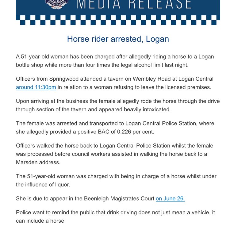 JoshButler's tweet photo. A woman in QLD has been charged after riding a horse through a drive-through bottle shop and registering a blood alcohol reading of 0.226

Drunk riding - it's a crime https://t.co/VPgeFEgCHD