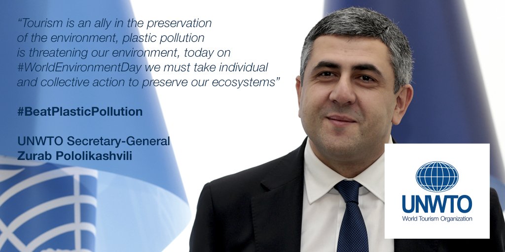 UNWTO's tweet photo. 🗨Tourism is an ally in the preservation of the environment 🍃 plastic pollution is threatening our environment, today on #WorldEnvironmentDay we must take individual &amp; collective action to preserve our ecosystems”

#BeatPlasticPollution Secretary-General @Pololikashvili
#UNEP https://t.co/zijweqltcQ