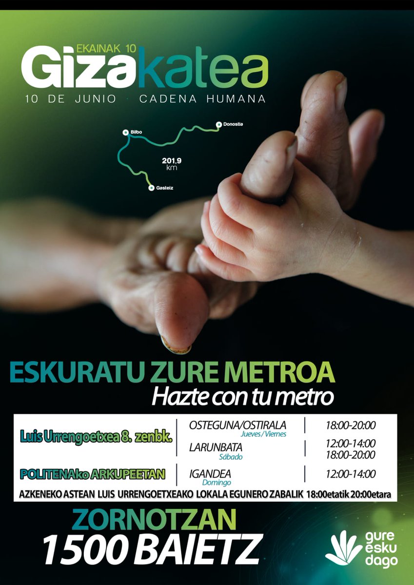GureskuZORNOTZA's tweet photo. @GureEskuDago 1.000tik gora zornotzar parte hartuko ditugu #gizakatea2018 . Ez zaitez etxean geratu, erabakitzeko eskubidea ZURE esku ere badago. Arratsaldero saretzeko aukera dago, betiko lokalean. 1500baietz! https://t.co/v8GNrZpRLS