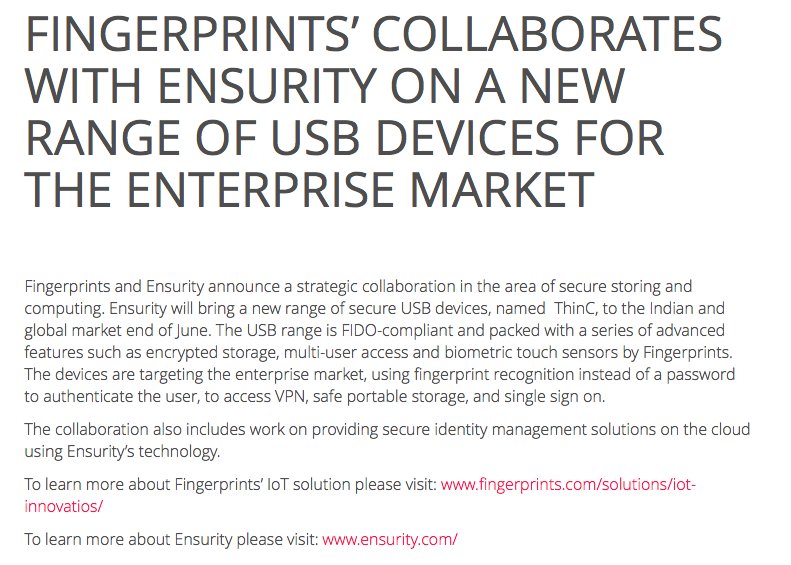 materiel's tweet photo. #Ensurity will bring a new range of secure USB devices, ThinC, to the Indian & global market end of June. The USB range = FIDO-compliant & packed with a series of advanced features such as encrypted storage,multi-user access & #FPC1020 by Fingerprints. https://t.co/H3X0jeqrcW https://t.co/6QyyN1RYqR