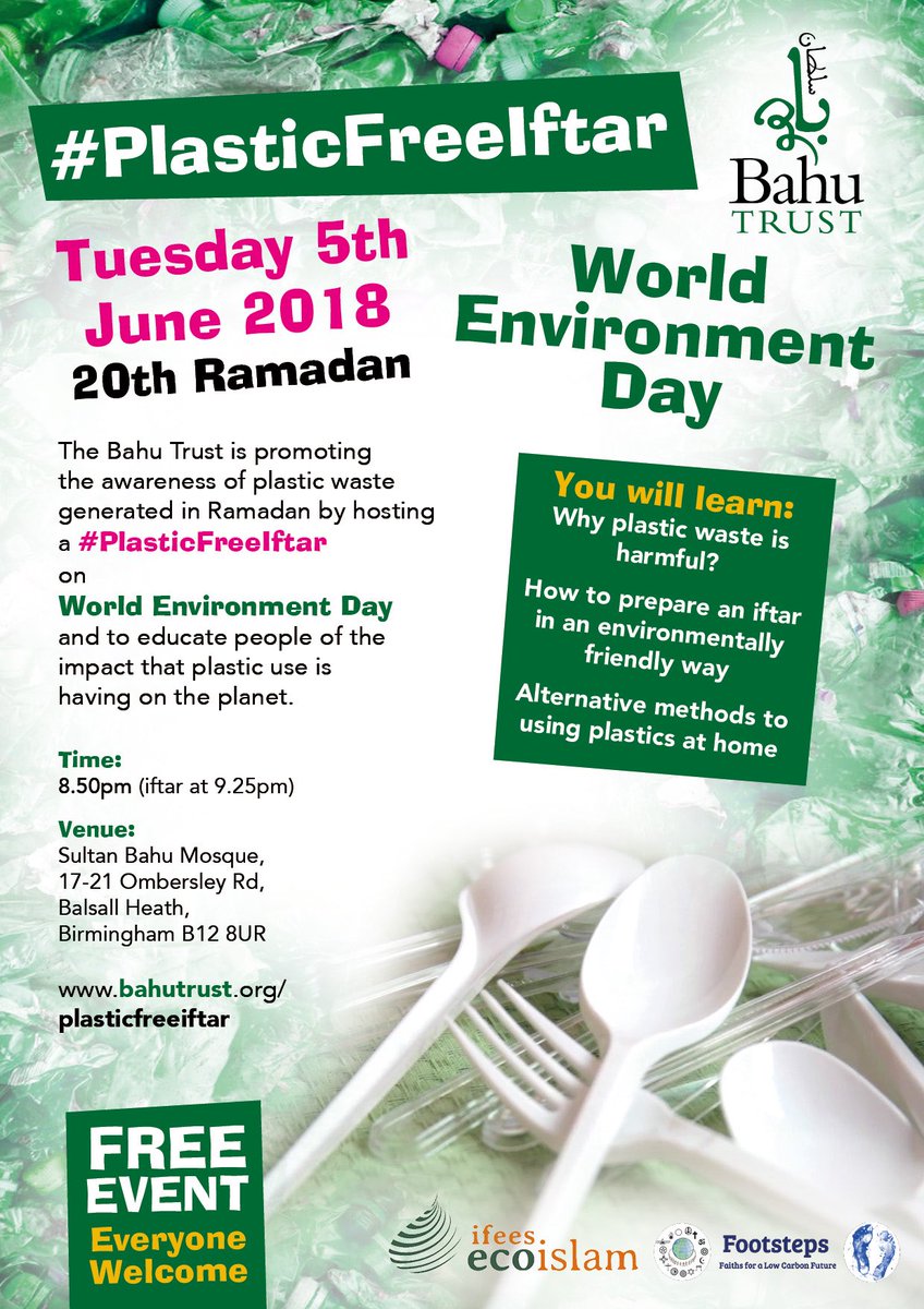 Happy #WorldEnviromentDay 🌳 We’re hosting a #PlasticFreeIftar today at Sultan Bahu Mosque. We’re looking forward to seeing you guys there 

#BeatPlasticPolution #PledgeLessPlastic