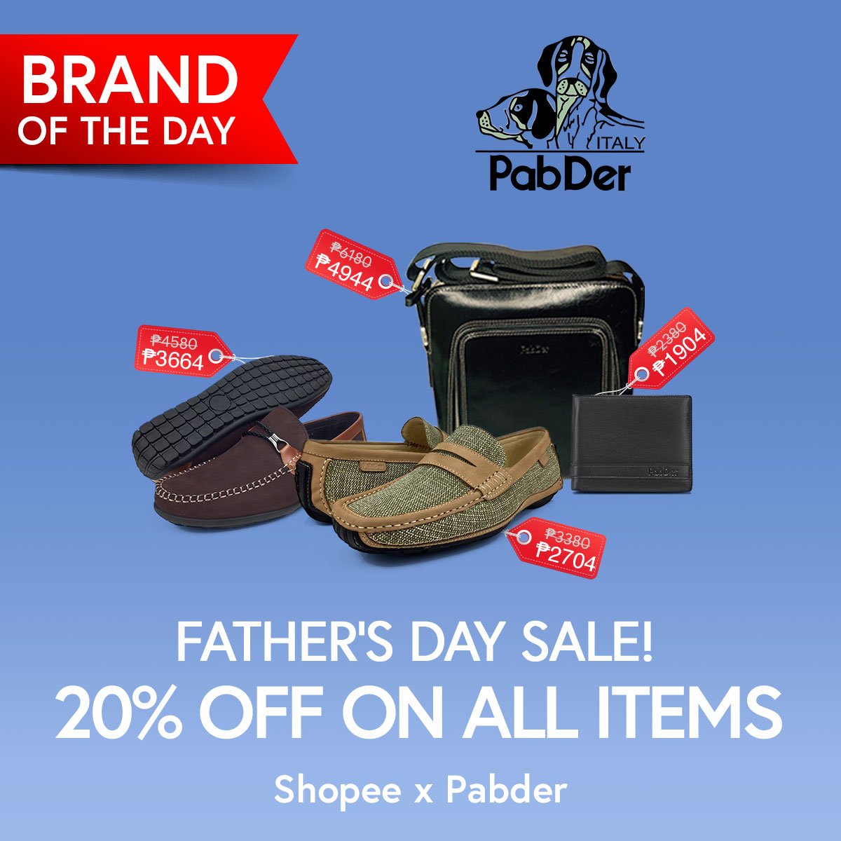 ShopeePH's tweet photo. Surprise your dad with our brand of the day, PabDer! 20% OFF on all men's items for Father's Day! Shop now: https://t.co/YHR3yuHH7d. #FreeShippingShopee https://t.co/Y3q9or8nX9