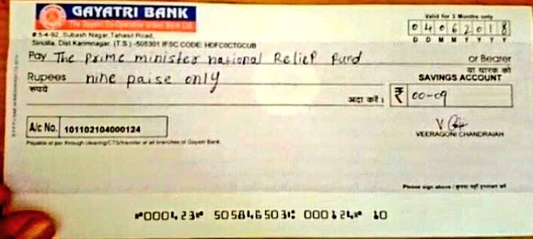 Image result for Telangana man cheque of 9 paisa gift to PM