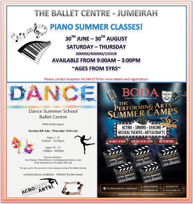 BalletCentre's tweet photo. The Ballet Centre offers Piano, Dance and Performing Arts SUMMER CAMPS! A fun way of motivating and developing your child through inspiring and creative activities! Please contact 04 344 9776 for more details and registration! #dubai #theballetcentre #summercamps #summercamps2018 https://t.co/Myqa3u9eUo