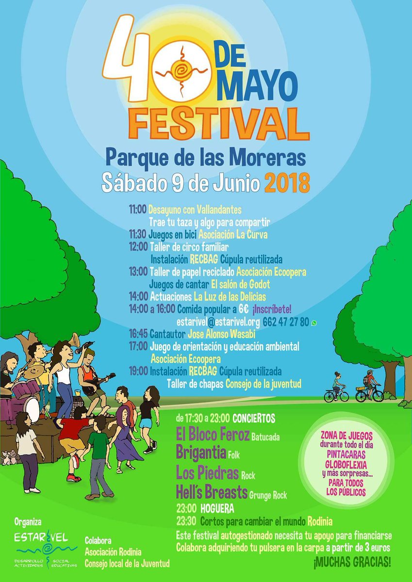 40 de Mayo Festival > 9 junio #ParqueMoreras con @asoestarivel <a href="/CortosRodinia/">Cortos Rodinia</a> <a href="/ecoopera/">ecoopera</a> <a href="/elsalondegodot/">El Salón de Godot</a> <a href="/cljvalladolid/">Consejo de la Juventud de Valladolid</a> <a href="/DesayunoValland/">DesayunoVallandantes</a>  y +