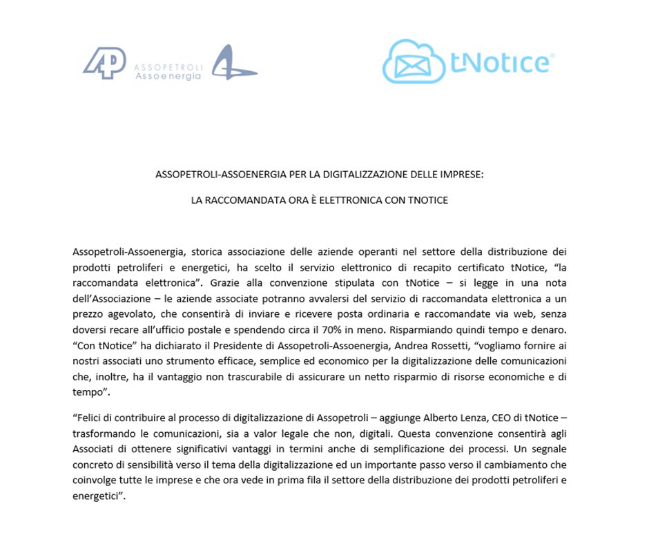 tNotice's tweet photo. Nel segno dell'innovazione e digitalizzazione @Assopetroli-Assoenergia sceglie #tNotice, #laRaccomandataElettronica.
Da oggi per tutte le Aziende associate risparmio di tempo e denaro con il servizio elettronico di recapito certificato.
#InnovazioneItaliana #Digitalizzazione https://t.co/hNMbYTHuW6
