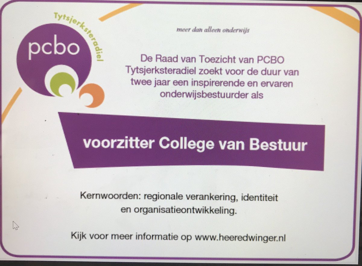 Heeredwinger zoekt voor PCBO Tytsjerksteradiel een voorzitter College van Bestuur. Kijk voor meer info op heeredwinger.nl