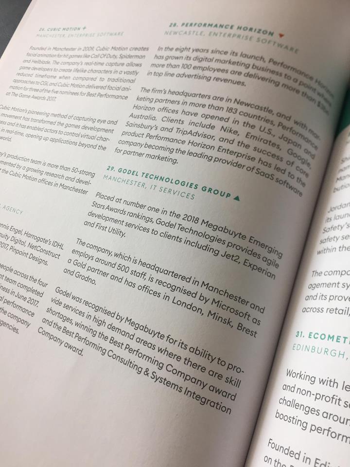 GodelTech's tweet image. Fantastic to see Godel featured number 29 in The North&apos;s Fastest Growing Tech Companies.  @TechNation @GPBullhound #NorthernPowerhouse #NorthernTech100