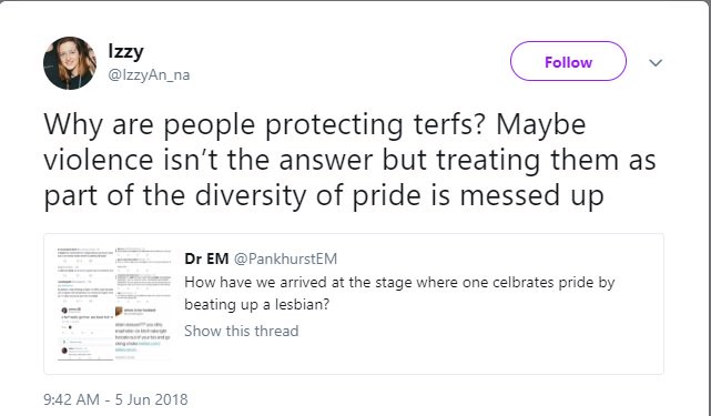 Izzy doesn't understand why one would like to protect women from violence. Terf normally refers to a lesbian who will not sexually engage with a penis, Izzy doesn't think lesbians should be part of Pride.