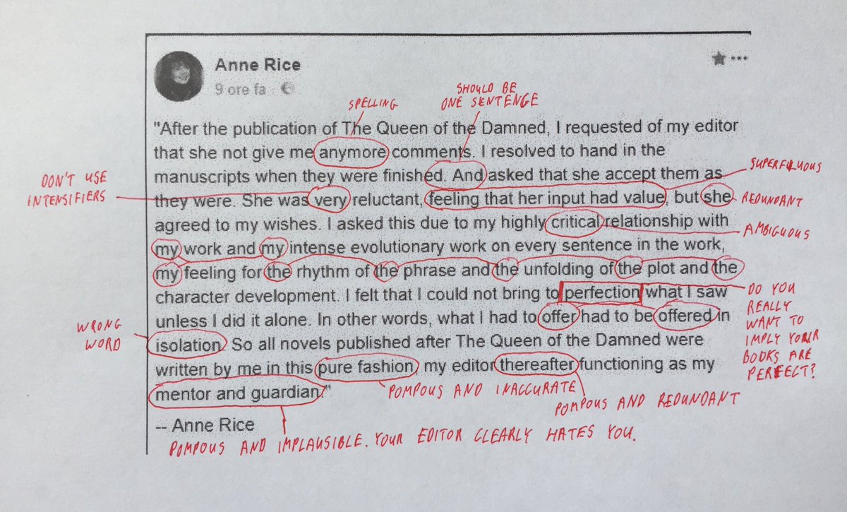 Anne Rice has written an unwittingly hilarious demonstration of why editors are important. Thanks to @paraicodonnell for spotting it.