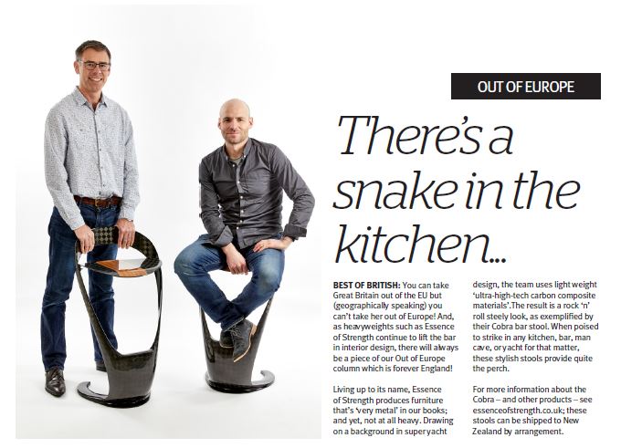 Thank you to the team at <a href="/Eastmagazines/">Eastlife Magazine</a> in New Zealand for featuring our #cobrabarstool in their magazine. If you are looking for something stylish, black and carbon for your kitchen or bar then take a look! essenceofstrength.co.uk