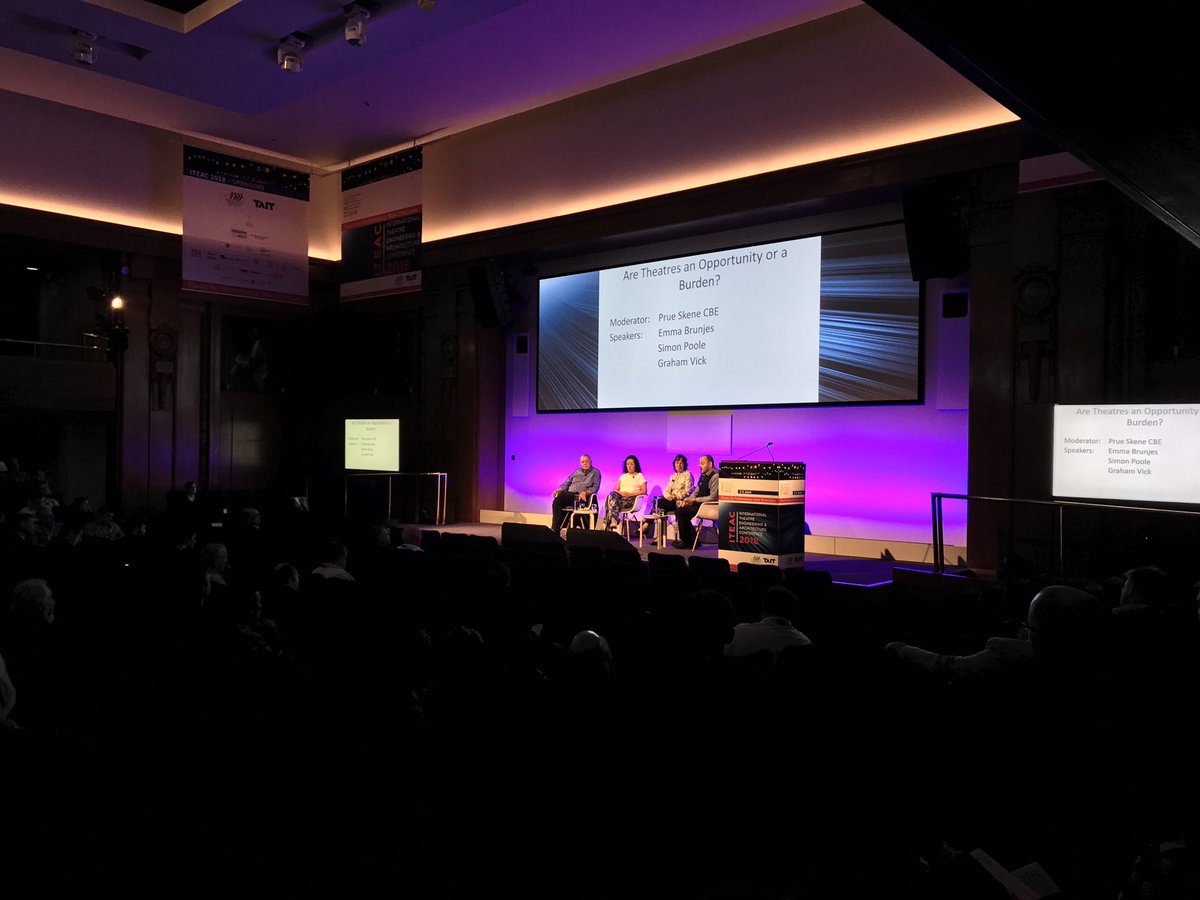 iteac2018's tweet photo. Our second session of the day: Are Theatres an Opportunity or a Burden? Panel includes Simon Poole from @StoryhouseLive, theatre producer Emma Brunjes and @BirminghamOpera Graham Vick #ITEAC2018 https://t.co/rZKK0N2Zk7