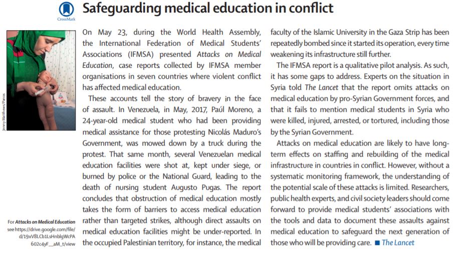 TheLancet's tweet photo. Editorial: Safeguarding medical education in #conflict @ifmsa https://t.co/LpE9sFoUlp https://t.co/dZa5uOdjgB
