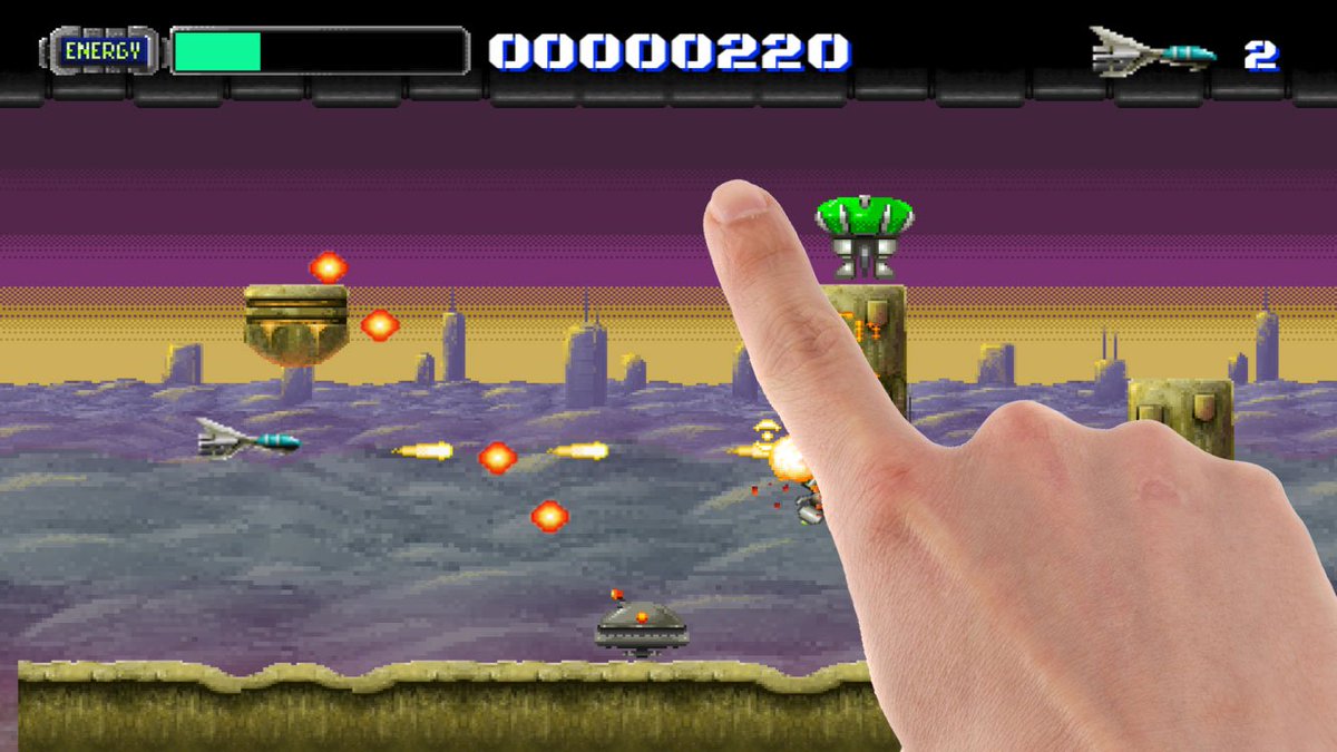 spacemonstersuk's tweet photo. A slower ground speed works better on the iPhone as for a right handed player there's always the chance that alien threats emerging from the right are masked by the hand. Player movement is done by registering first touch so any contact with the screen will move the player. https://t.co/8YDmH5jjhm