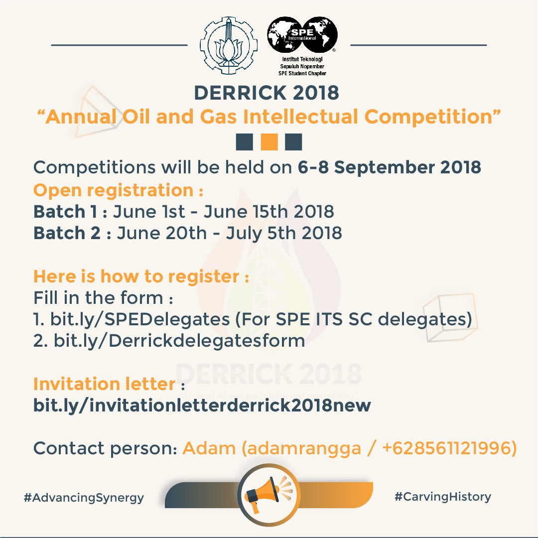 SPEITSSC's tweet photo. Please check the poster below to register for the competitions.

For further information, feel free to contact Adam (adamrangga / +628561121996)

———
SPE ITS SC 2018/2019

#SPEITSSC
#AdvancingSynergy
#CarvingHistory https://t.co/LeKEyL9xwJ
