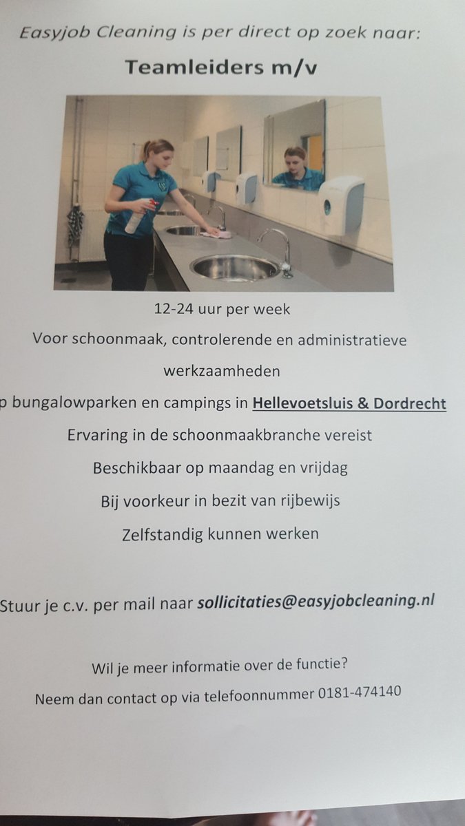 EasyjobCleaning's tweet photo. Heb jij van schoonmaken jouw hobby gemaakt? En ben je op zoek naar een uitdagende  functie? Wij zijn op zoek naar enthousiaste schoonmaakmedewerk(st)ers. Interesse? Reageer via sollicitaties@easyjobcleaning.nl. https://t.co/yTdp54gkib
