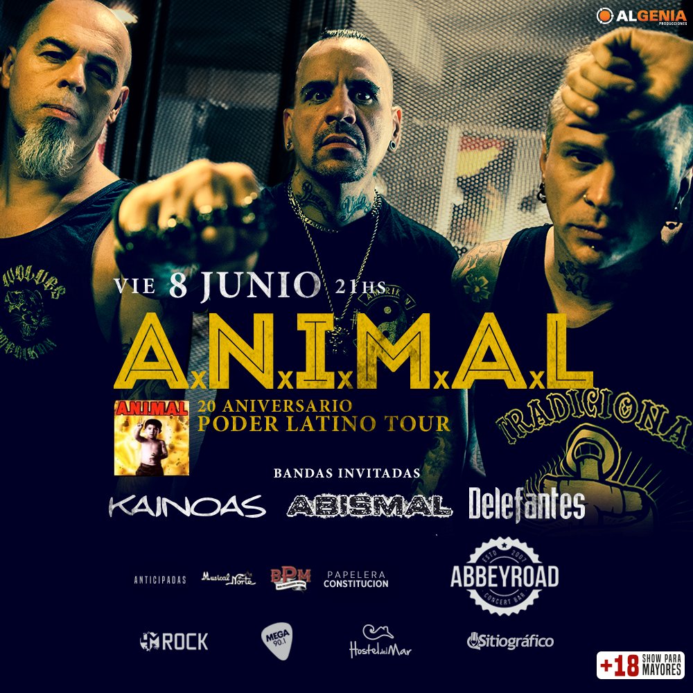 simpleproarte's tweet photo. @animaloficial1 en #MardelPlata
Este Viernes 8 en Abbey Road celebrando 20 años de #PoderLatino

#Animal 
#AcosadosNuestrosIndiosMurieronAlLuchar #PoderLatinotour20años #Metal #MardelPlata
#SerFelizTrabajando https://t.co/hLZ1qwNdkM
