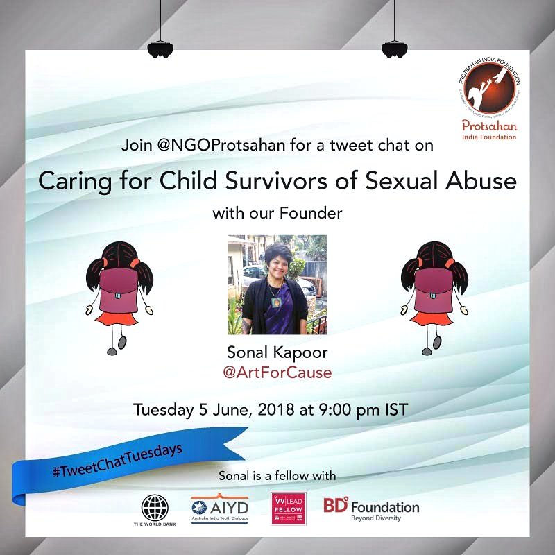NGOProtsahan's tweet image. Join our founder @artforcause as we discuss 'How to care for child survivors of sexual abuse'. Tonight 9PM. #EncourageToTalk series is a global advocacy initiative by @NGOProtsahan to break silence against most pressing issues impacting our children. #CSA #EveryChildMatters