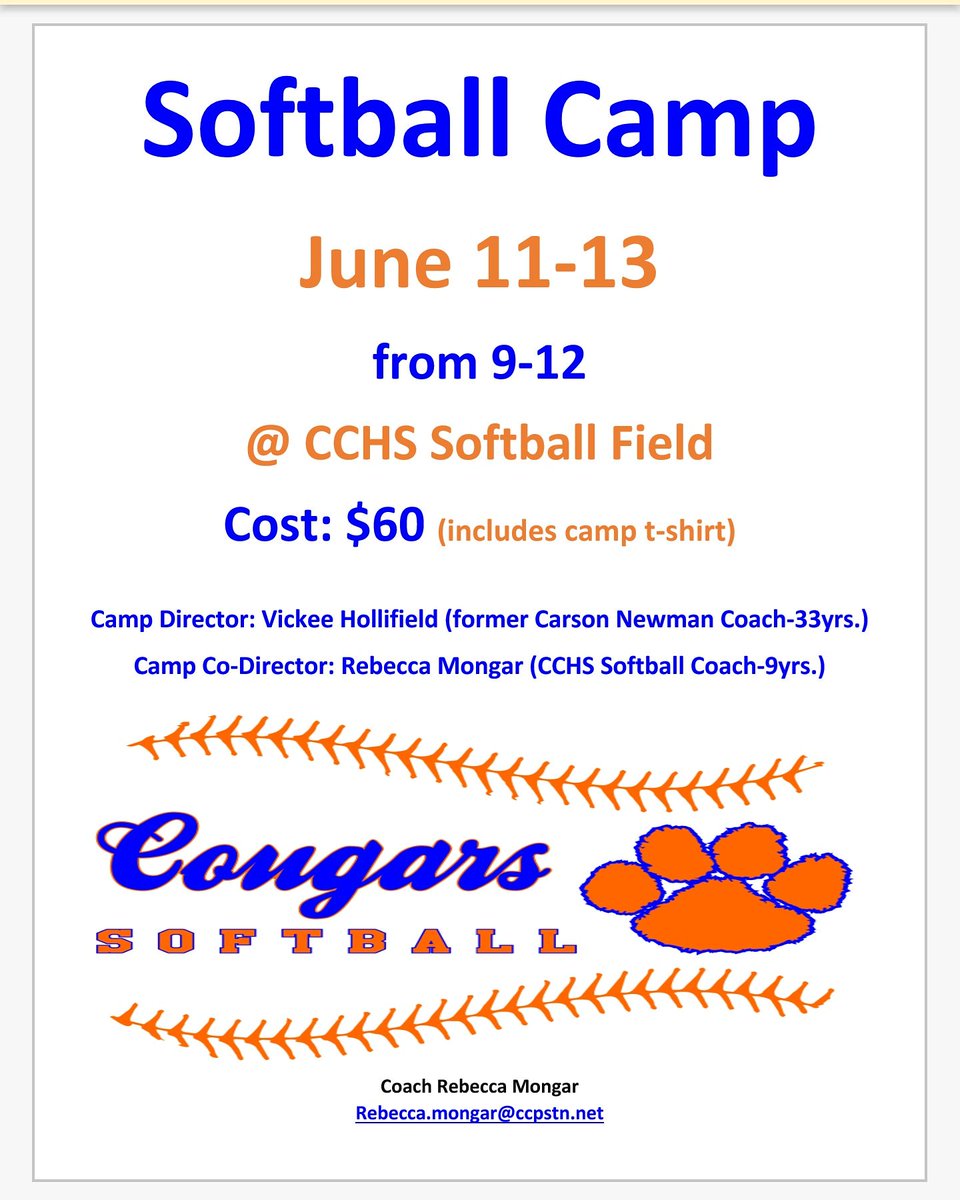 softballcoach04's tweet photo. 🐾 CCHS Softball Camp 🐾
June 11-13 @ CCHS Softball field
9-12....lunch will be provided after
Please share to help get the word out!!!! 
Thanks 
Coach Rebecca Mongar
CCHS Softball Coach https://t.co/Jvnsg8lHR4