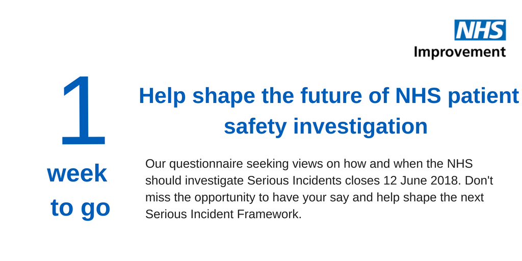 ptsafetyNHS's tweet photo. Final call to share your views on how and when you think NHS organisations should investigate patient safety incidents. Our survey closes 12 June. Find out more https://t.co/dtRKeRbeRE … … #patientsafety #PSInvestigation2018 https://t.co/fRuTojD6lI