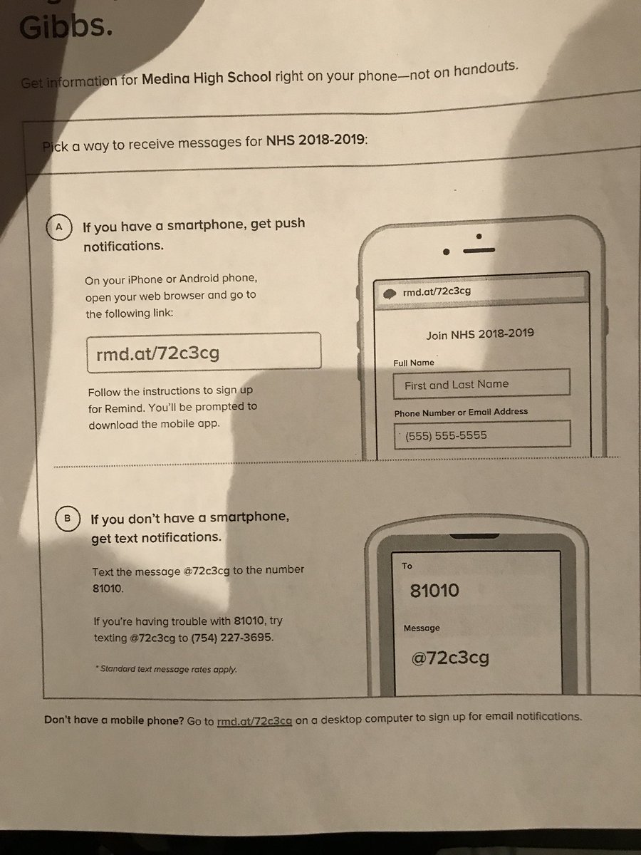 make sure you sign up for the remind for the 2018-2019 NHS members