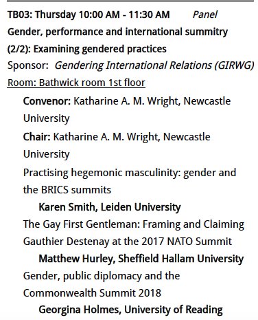 BISAGIRWG's tweet photo. Not one, but TWO panels on Gender, Performance and International Summits next week at #BISA2018 #WD02 #TB03 @MaxineDavid @KAMWright @RoisinRead @JoannaWilson77 @1GeorginaHolmes @richmondbridge Matt Hurley + Karen Smith https://t.co/z46lqnB2QP