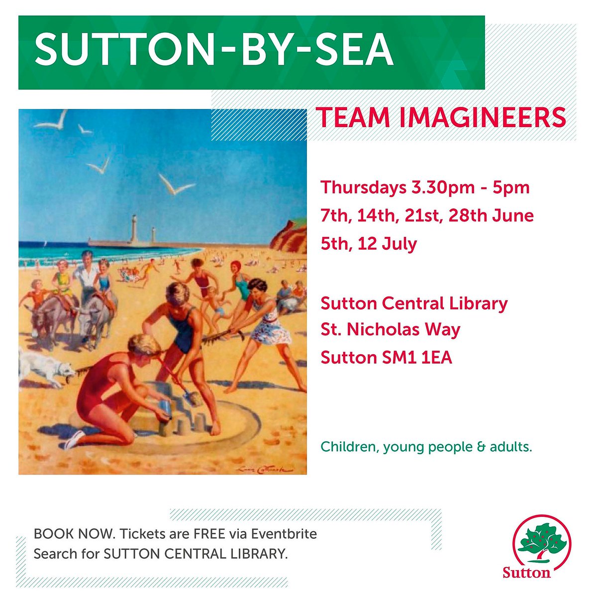 SuttonLibraries's tweet photo. Oh I do like to be beside the seaside...or beside the #library!
Join Team Imagineers and help to create a usable  art installation. See poster for dates.
Everybody is welcome at this free event.
Book here: https://t.co/LQqZ1yunmt
https://t.co/xXN15Gau4c #suttonarts https://t.co/o8MvnuxVz8