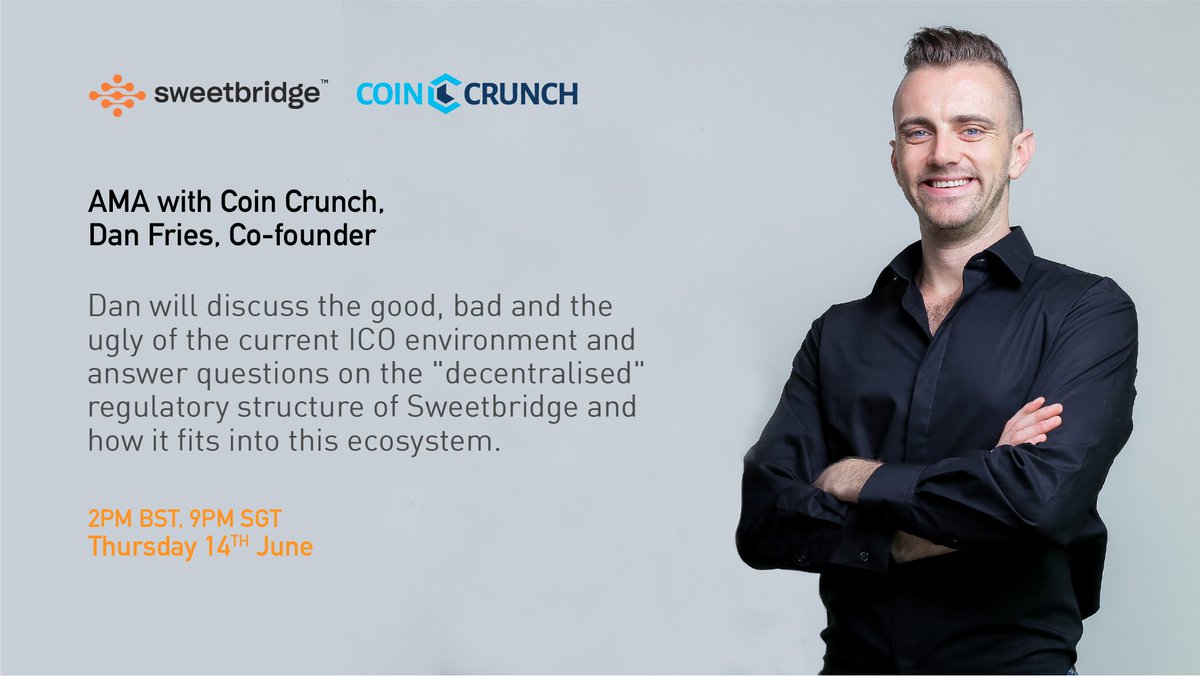 Next Thurs 14th June we'll have <a href="/coincrunchio/">Coin Crunch</a> joining us on our #Telegram channel for an #AMA! Join us at 2pm BST to drill in on their expert knowledge on token economic fundamentals in the ICO world and an independent overview of Sweetbridge! t.me/sweetbridge