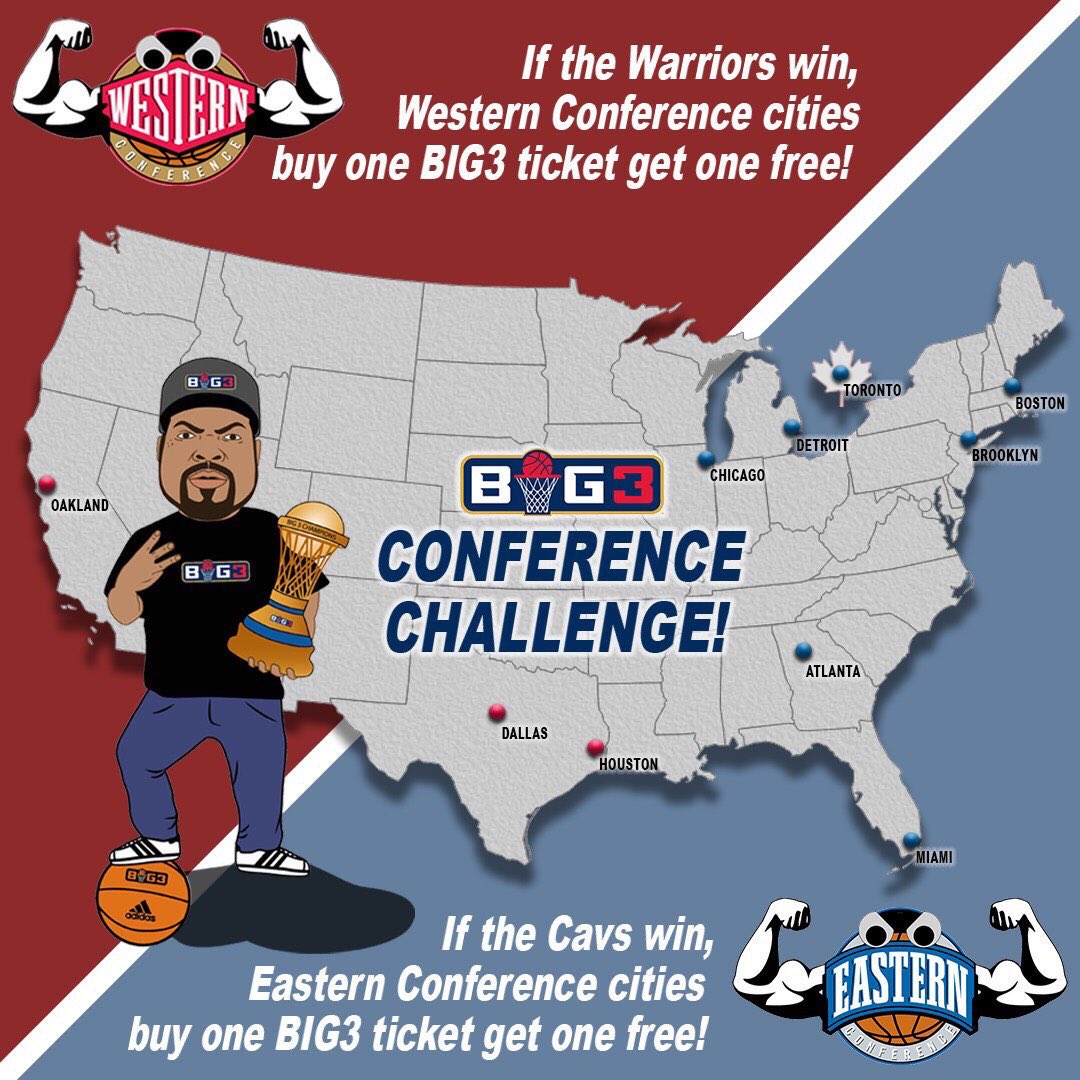 ReggieEvans30's tweet photo. #Big3ConferenceChallenge When the Warriors win a game, Western Conference Cities (#Dal #Hou and #Oak) get buy one get one free tickets to Big3 games this summer for 24 hours. When the #Cavs win Eastern Conference Cities (#Atl #Bos #Brkn #Chi #Det #Mia #Tor) #TheGrindIsReal 🐲🐲🐲 https://t.co/xKz40F7ymr