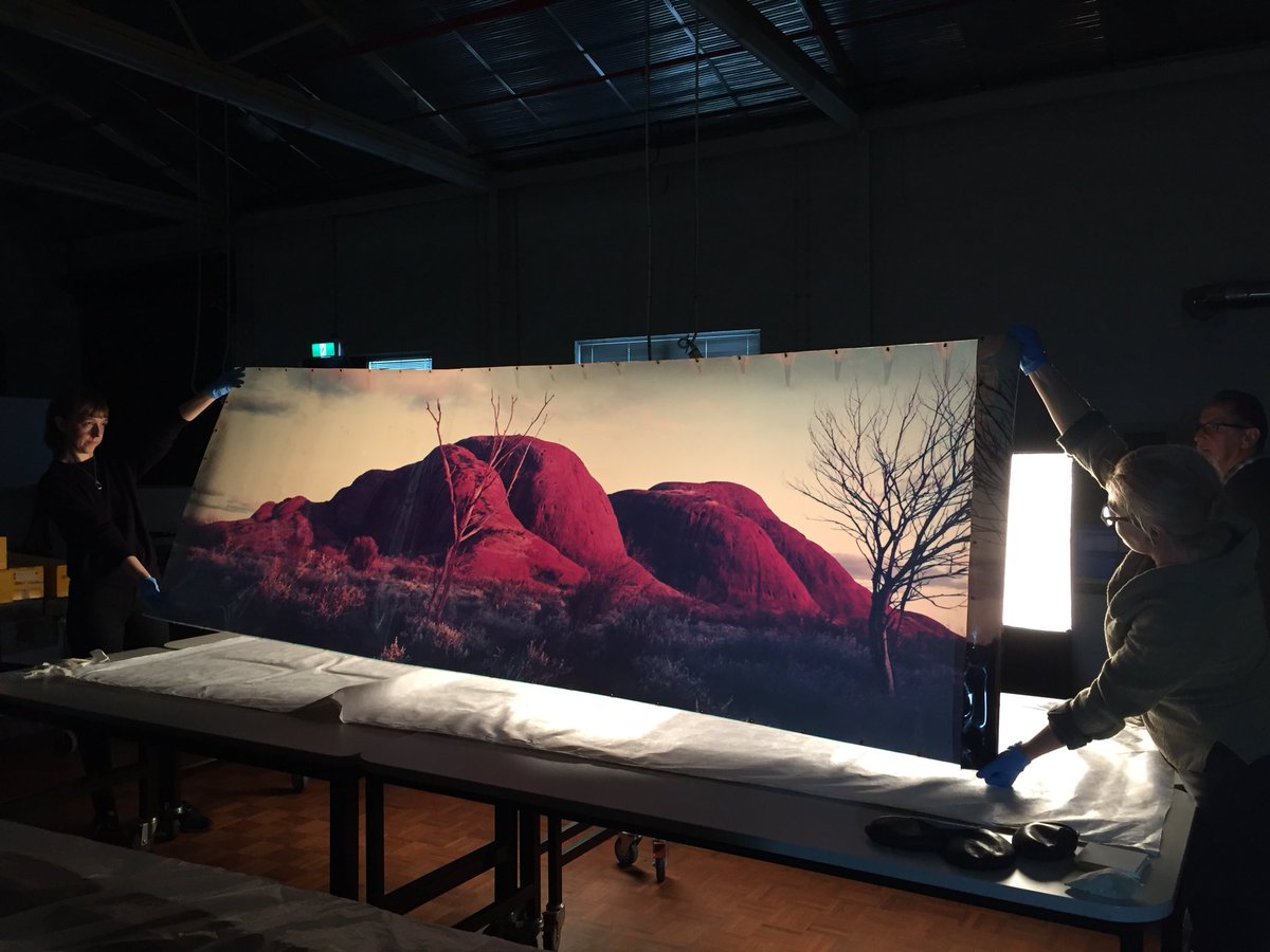 Fiona_Kinsey's tweet photo. Assessing our #Kodak #Colorama #transparencies today @museumsvictoria #curator #conservators #collectionmanagers #imagecaptureofficer all at work. Big but not as big as the Grand Central Station Coloramas! #photography #colour #light https://t.co/M1AW68ouMB