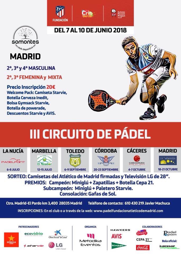 vcarreton's tweet photo. El viernes 8 de junio estaremos a las 19 horas en @CDSomontes haciendo una exhibición en el III Circuito de Pádel Fundación @Atleti Gracias a @MetodikaEventos y @starviepadel por la invitación @munichsports @ortoespana @CastiRufi https://t.co/sYrCu05Gbn