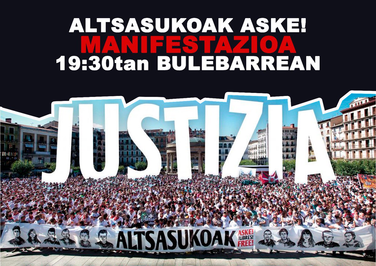 ErnaiDonostia's tweet photo. Gaur goizean Guardia Zibilak Iñaki, Aratz, Jon Ander, eta Julen gazte altsasuarrak atxilotu ditu. 

19:30etan manifestazio zaratatsua Bulebarretik. Ekarri etxetik zarata egiteko tresnak!

EZ DUGU ONARTUKO! #AltsasukoakAske https://t.co/fkWfCCaDjp
