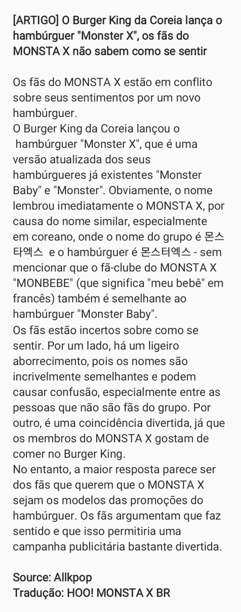 HooMonstaXBR's tweet photo. [ARTIGO] O Burger King da Coreia lança o hambúrguer "Monster X", os fãs do MONSTA X não sabem como se sentir (source: https://t.co/i2vtamSmeZ)

#MONSTA_X #MONSTAX #몬스타엑스 @OfficialMonstaX https://t.co/BQR8bxHXaA