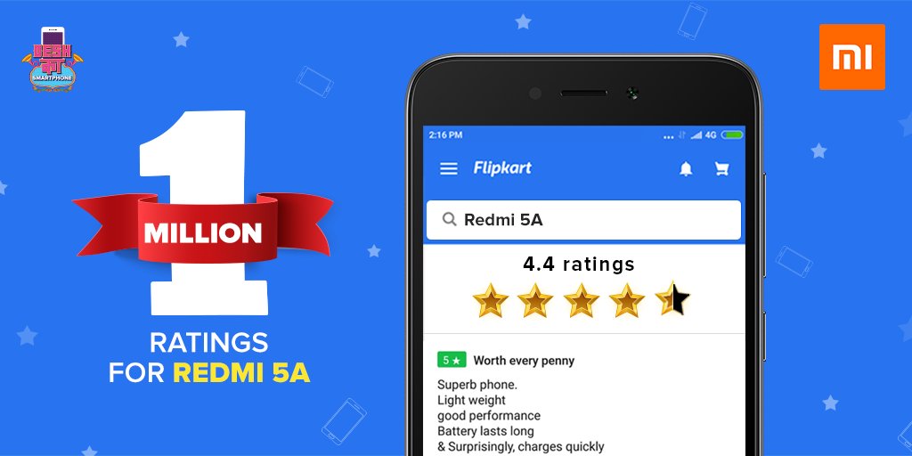 A million thanks and more. Redmi 5A is the second Xiaomi phone to get over a million ratings on <a href="/Flipkart/">Flipkart</a>. RT is you own one! 😎