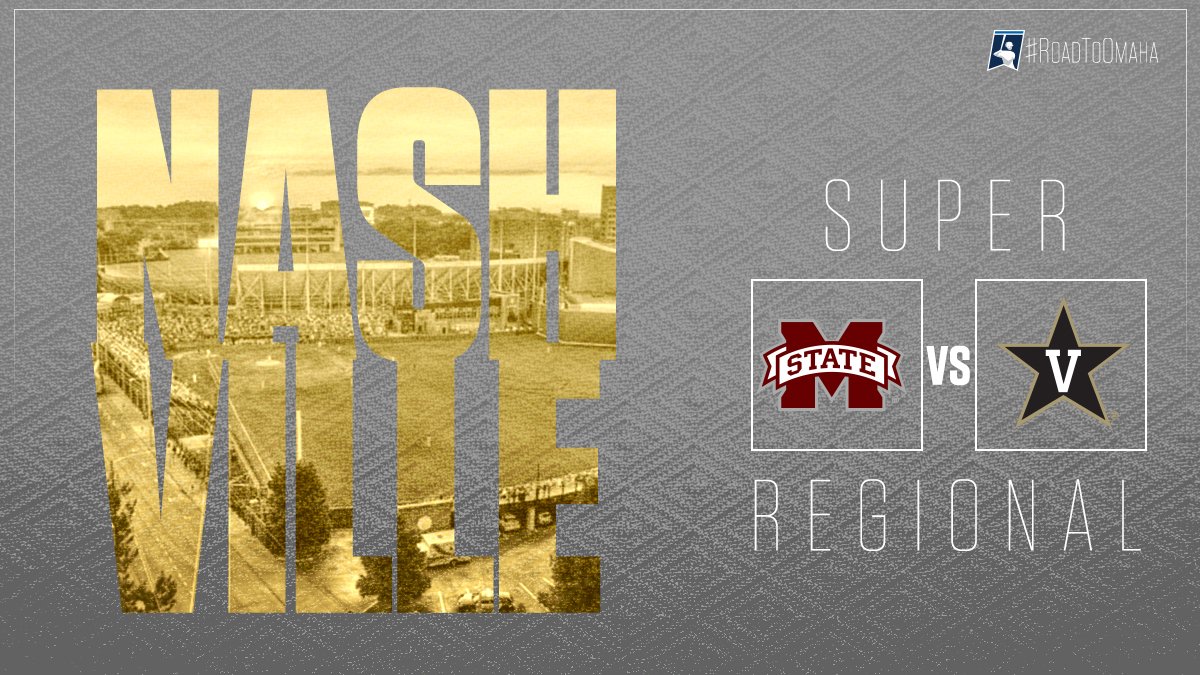 NCAABaseball's tweet photo. NASHVILLE SUPER REGIONAL
Mississippi State at Vanderbilt
 
June 8 - 8 PM ET - ESPN2
June 9 - 9:30 PM ET - ESPN
June 10 - 6 ET - ESPN2 (If Necessary)
 
#RoadToOmaha https://t.co/oZo1OFtJXY