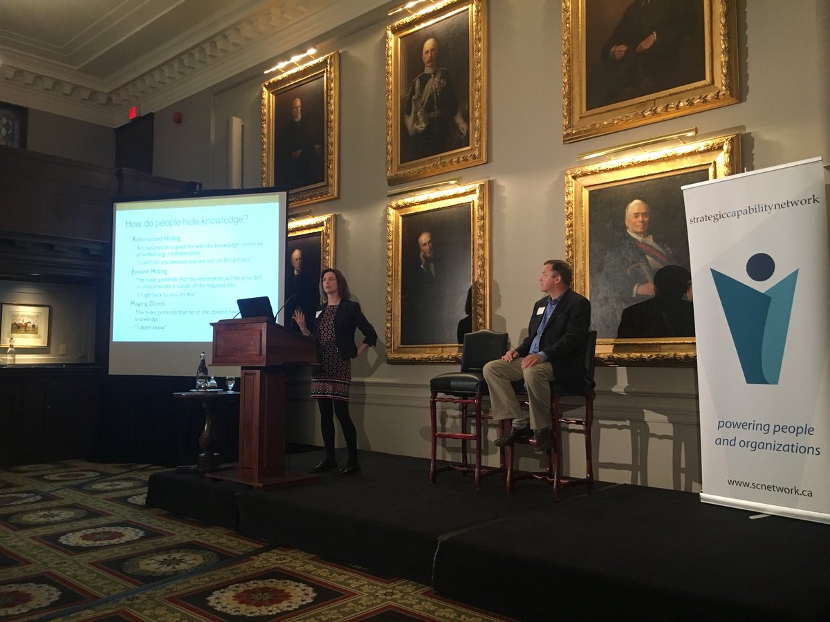 edmondmellina's tweet photo. “I appreciate the irony of sharing information about my research on the topic of #KnowledgeHiding in organizations” :-) Dr Catherine Connelly speaking @strategycap event Academia Meets Corporate Canada - the #Boomerang Edition with @brdaly https://t.co/fu0aXEJgf5