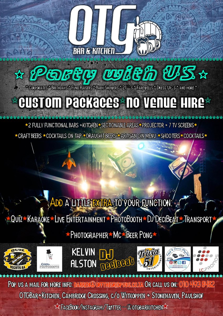 OTGBARKITCHEN's tweet photo. Book your next Birthday Bash, Work Function or Dress Up Party with US! Loads of additional options to make your event one to remember! Simply make your choice from the Options and let us do the rest.
For more INFO 010 493 8482 darren@offthegridpubs.co.za https://t.co/V1f5U2o2rZ