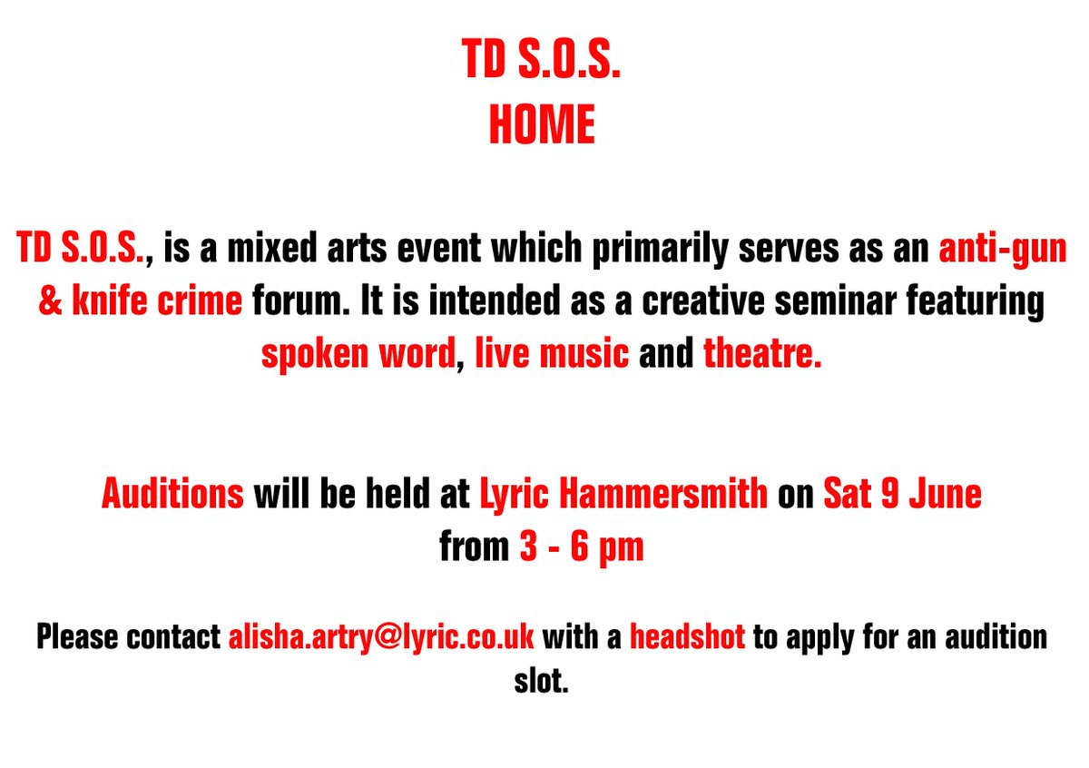 LyricHammer's tweet image. We are looking for artists to take part in a multidisciplinary arts aiming to understand and tackle gun and knife crime in London

See attached flyer for more information

contact: alisha.artry@lyric.co.uk with a headshot to apply

#youththeatre #lyricopenmic