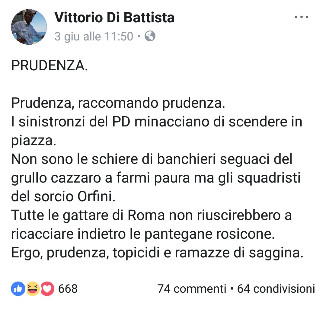 Vi informo che ho sporto querela. Non tanto per me, ma per tutelare la dignità di tutta la nostra comunità democratica. Bisogna porre senza tentennamenti un argine ad un linguaggio che incita alla violenza e al disprezzo. Da chiunque provenga, fosse pure Di Battista senior.